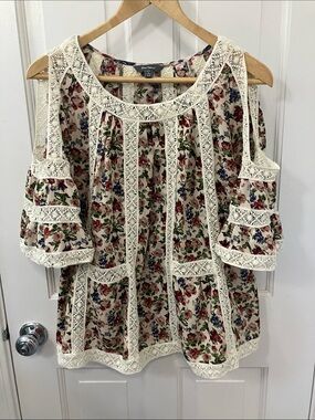 Blue Tassel Floral Lace-Trim Cold-Shoulder Blouse - Cream multi color XS BOHO